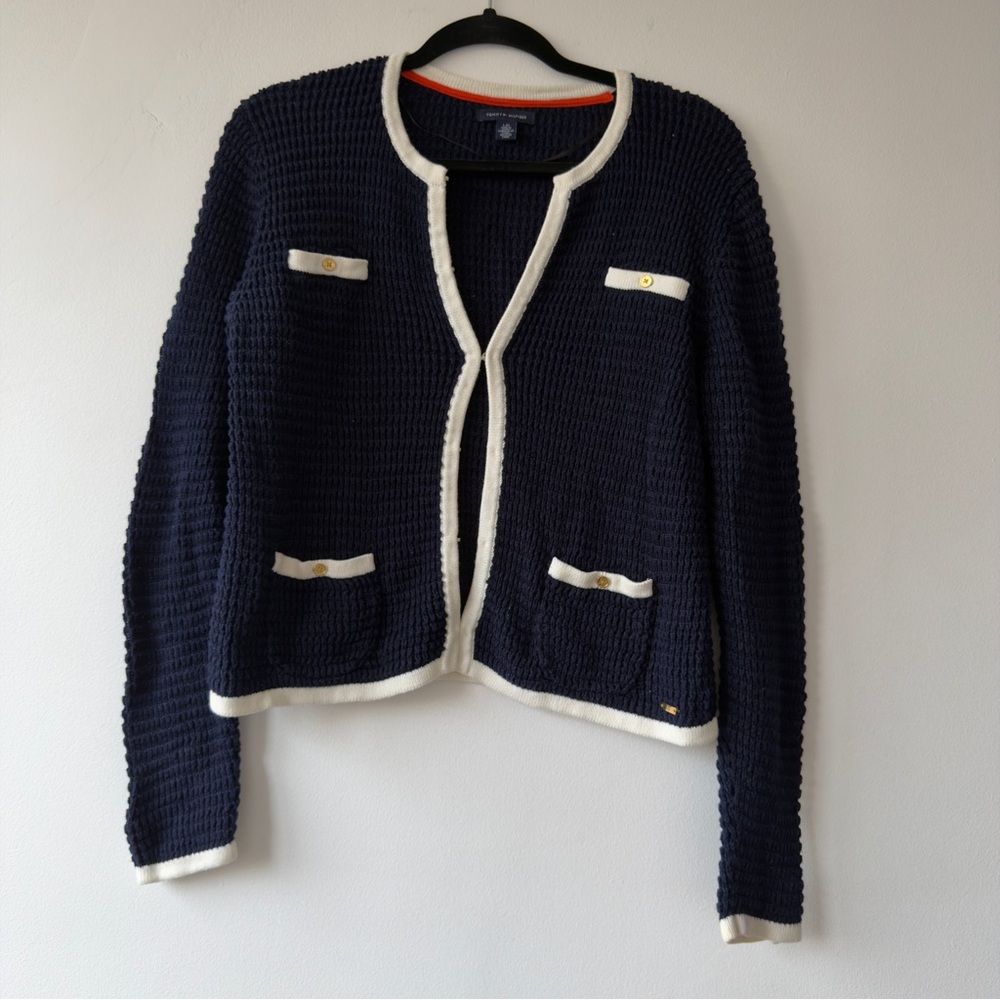 Navy & Cream Bouclé Open Cardigan Sweater Tommy Hilfiger